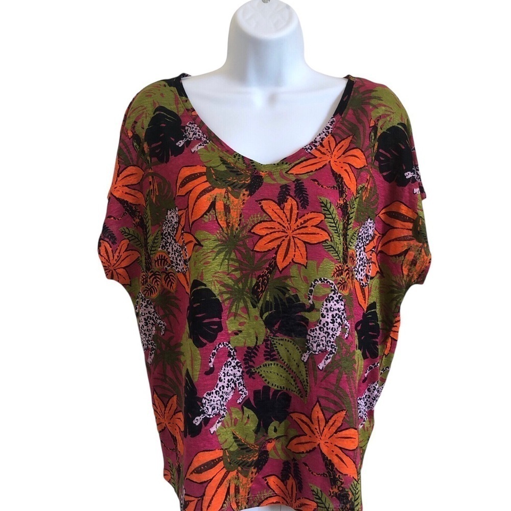 C & C California Linen Top Small Tropical Palm Print Bold Colors-NWT